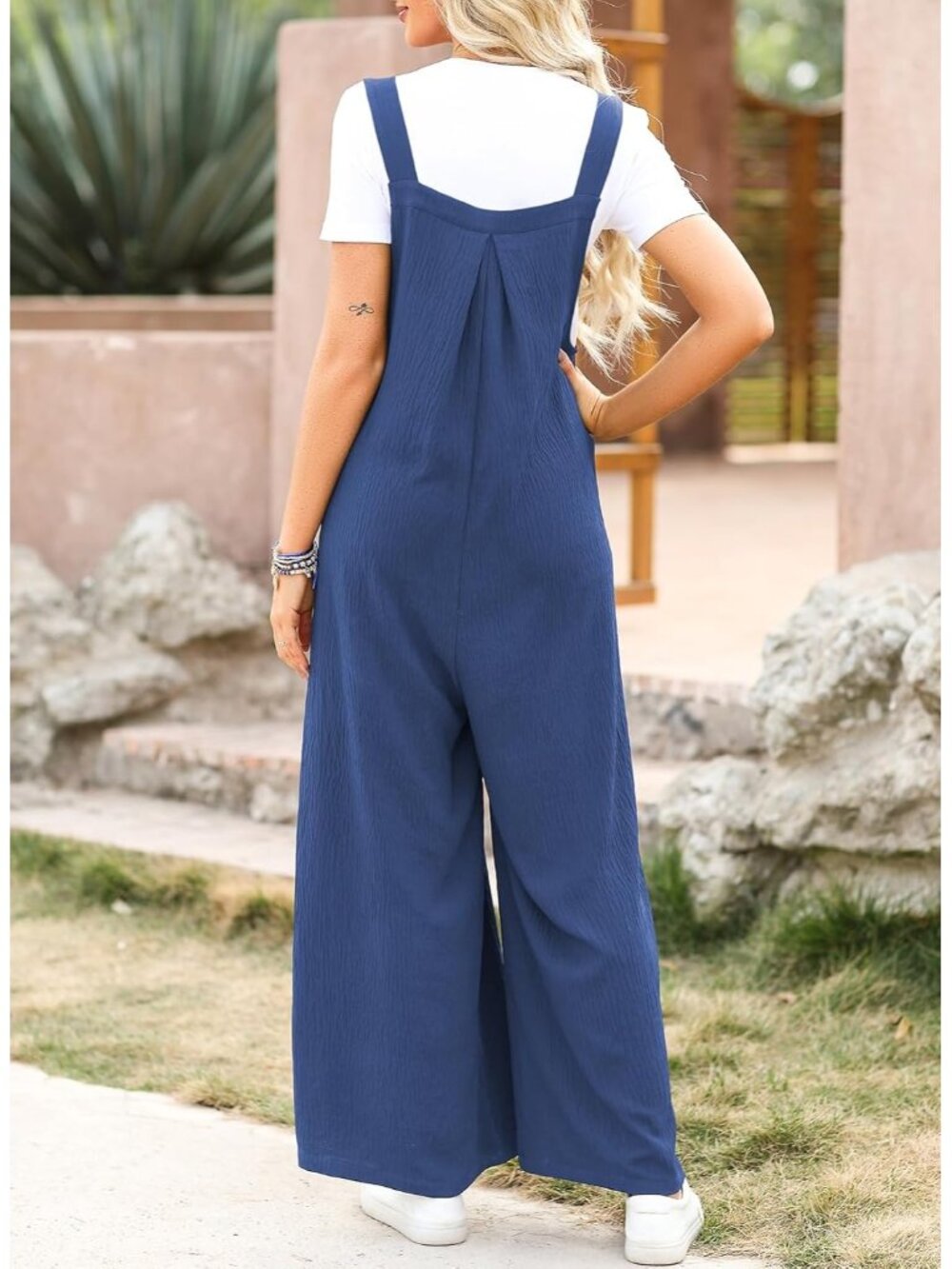 Women's Blue Loose Casual Overalls Jumpsuits One Piece Sleeveless Wide Leg